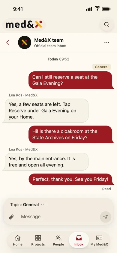 Messages on iPhone: a member asks the Med&X team about the Gala Evening